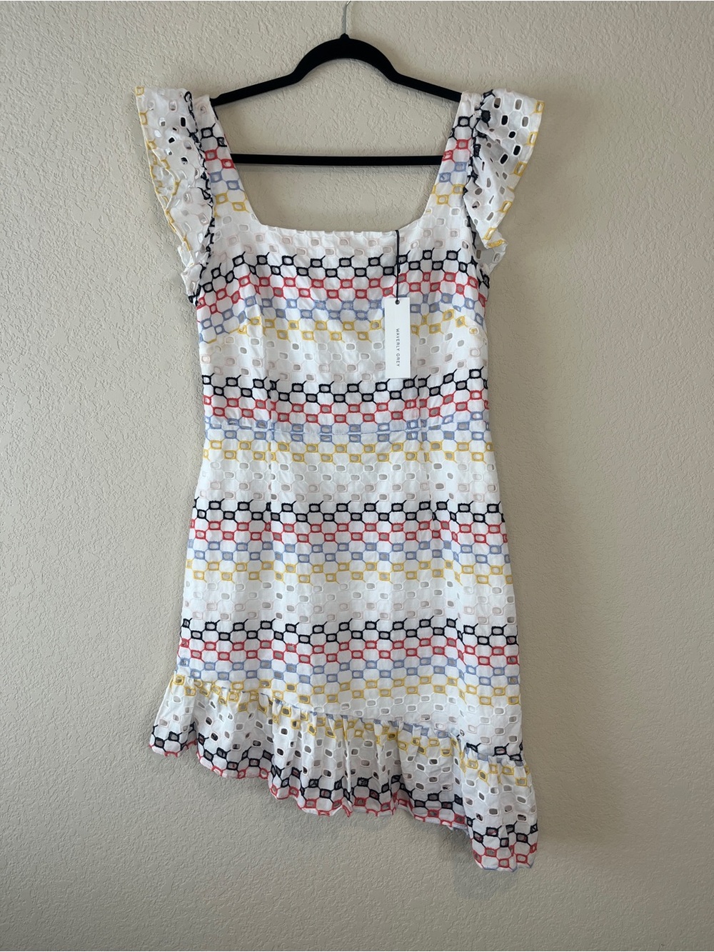 Waverly Grey White Eyelet Mini Dress with Black, Red, Blue & Yellow Stripes SZ 8